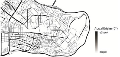 Resim 7. Çalışma alanı içinde kalan yol ağı 0 açı değişimi için (10o) Açısal Erişim ölçütü ile yapılan analizdeki değerlere göre renklendirilmiştir. Koyu renkler yüksek, açık renkler düşük değerleri göstermektedir.